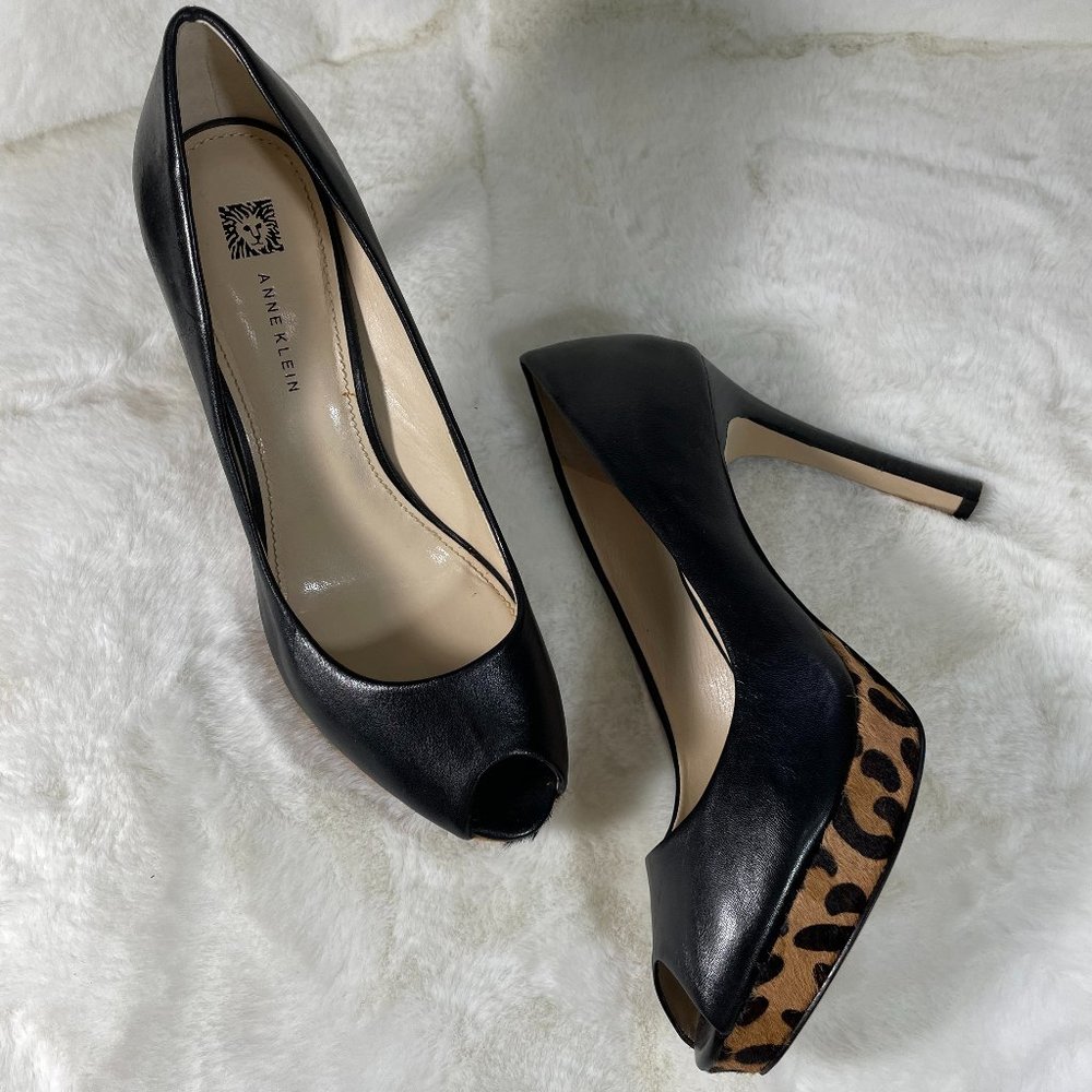 Anne Klein Leopard Pony Hair Peep Toe Pumps 10